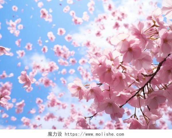 蓝色天空中樱花在风中飘扬粉色的樱花樱花树樱花花瓣